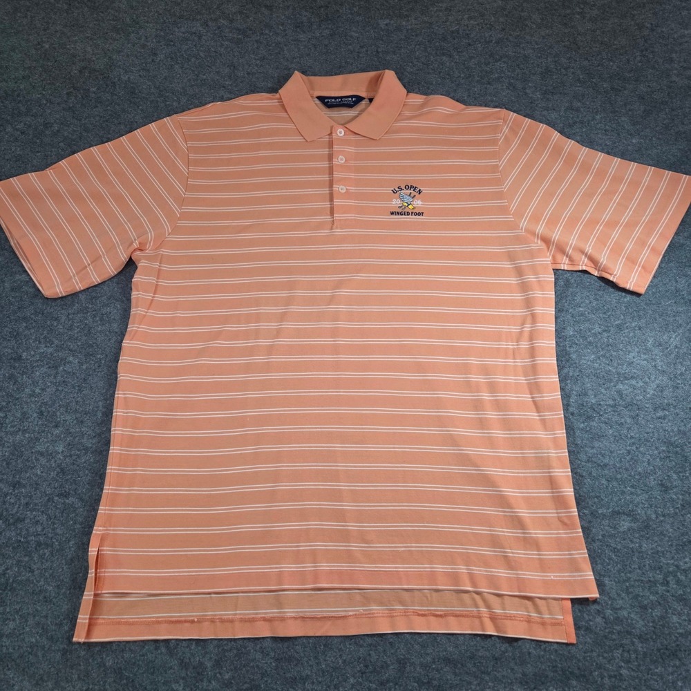 Ralph Lauren Polo Golf Shirt Mens US Open Large Orange Striped Pima Cotton - Picture 2 of 4